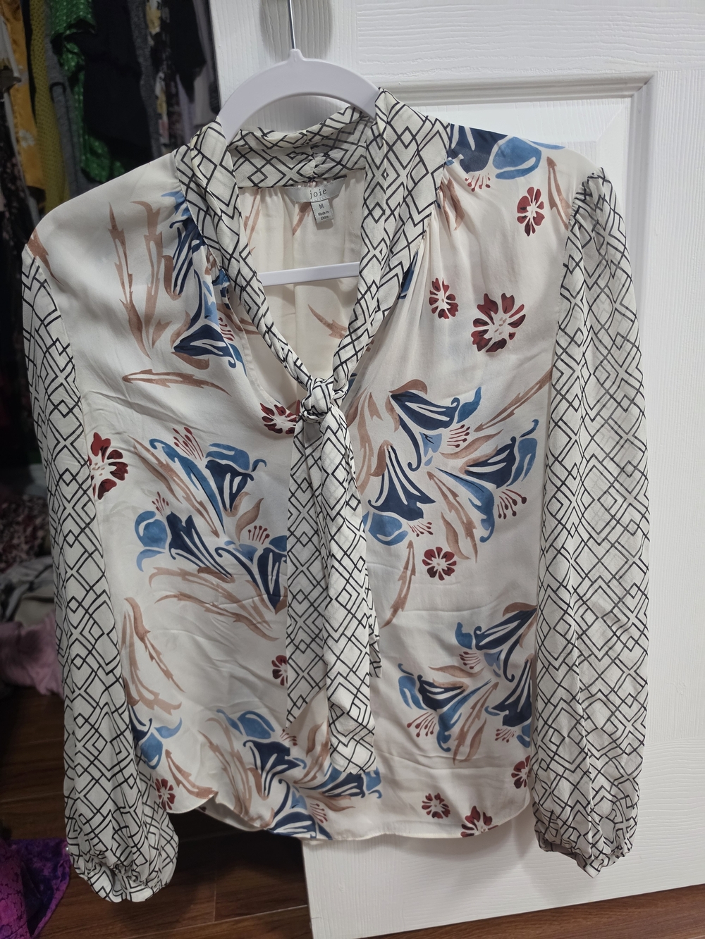 Joie Cream Floral Tie-Front Blouse with Geometric Sleeves